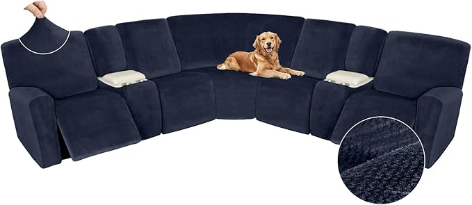 Arfntevss Sectional Recliner Couch Covers Velvet Washable Corner Sectional Sofa Cover for Reclining Couch Stretch Soft Thick L Shape Recliner Slipcover Set (5 Seat with 2 Console Cover, Dark Blue)