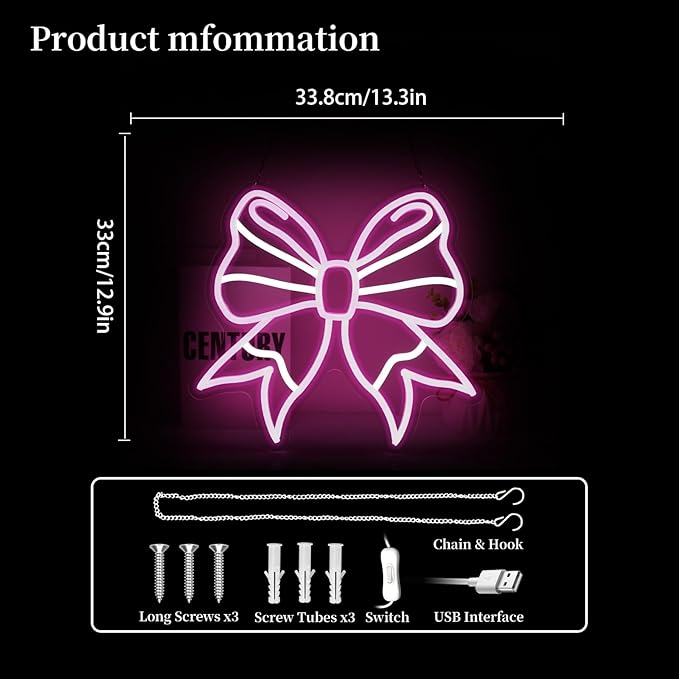Bow Neon Sign Led Neon Lights Neon Signs for Wall Decor Light Up Sign for Birthday Party Club Gift