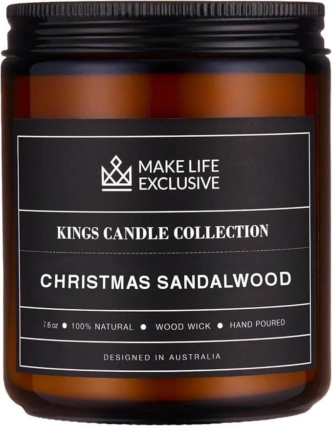 Scented Candles for Men | Christmas Sandalwood | Wooden Wick, Long Lasting, Masculine Scents | Natural Soy Jar Candle for Home, Bacehlor Pad Decor | The Perfect Mens Gift