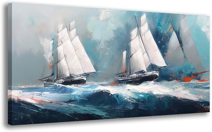 RUISHI Ocean Wall Art For Living Room Abstract Sailboat Canvas Nautical Painting Teal Blue Textured Print Coastal Themed Picture Artwork for Bedroom Bathroom Home Office Decoration 40L x 20W