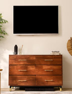 Walnut Dresser for Bedroom, 6 Drawer Brown Wood Dresser with Modern Storage Organizer, Wide Chest of Drawers for Closet, Clothes, Living Room