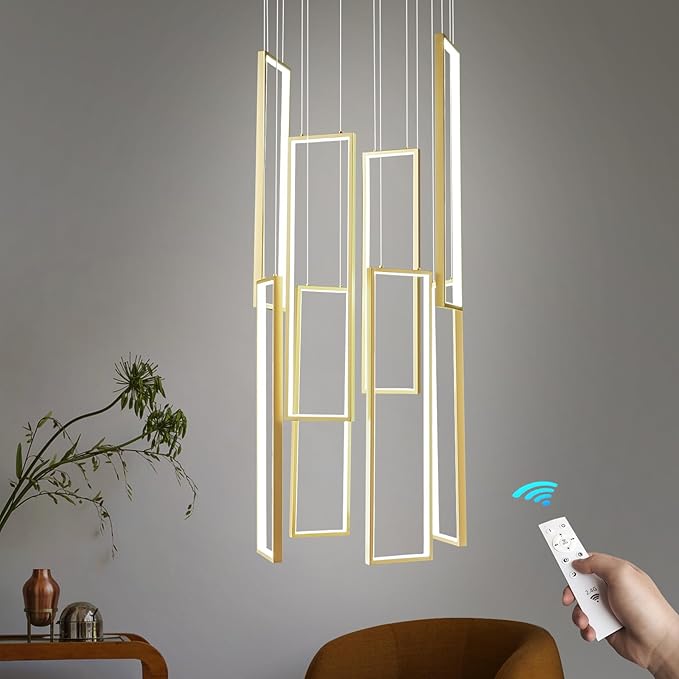 Modern Kitchen Island Dimmable Pendant Light Fixture Gold 144W LED Pendant Lights 8 Rings Rectangular Chandelier Staircase Large Chandelier Lobby Living Room Foyer High Ceiling Chandeliers