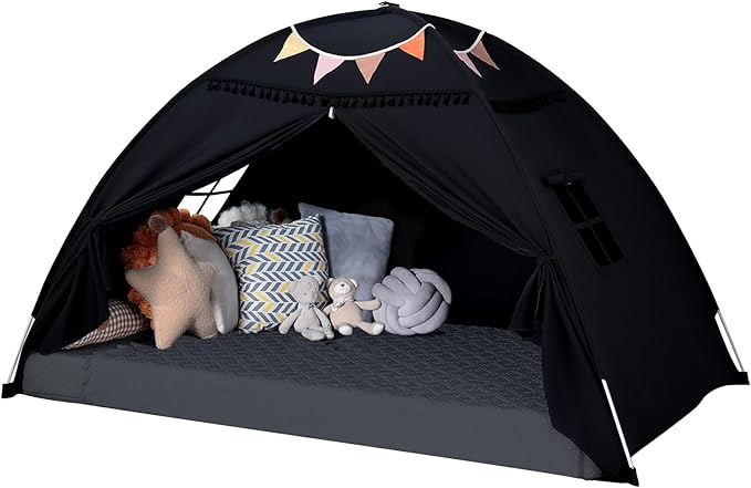 Sumbababy Twin Size Bed Canopy: Lights & Flags Indoor Floor Bed Kids Tent Playhouse - Portable & Foldable Twin Bunk Curtains - Girls & Boys Bedroom Privacy Space Blackout Tents Slumber Gifts (Black)