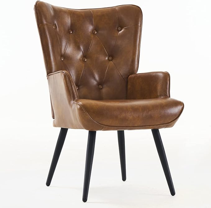 Furnimart Faux Leather Accent Chair Mid Century Modern Living Room Chairs; Comfy Armchair Leisure Vanity Guest Wingback Chair for Office Study Vanity Bedroom Waiting Room PU Yellow Brown