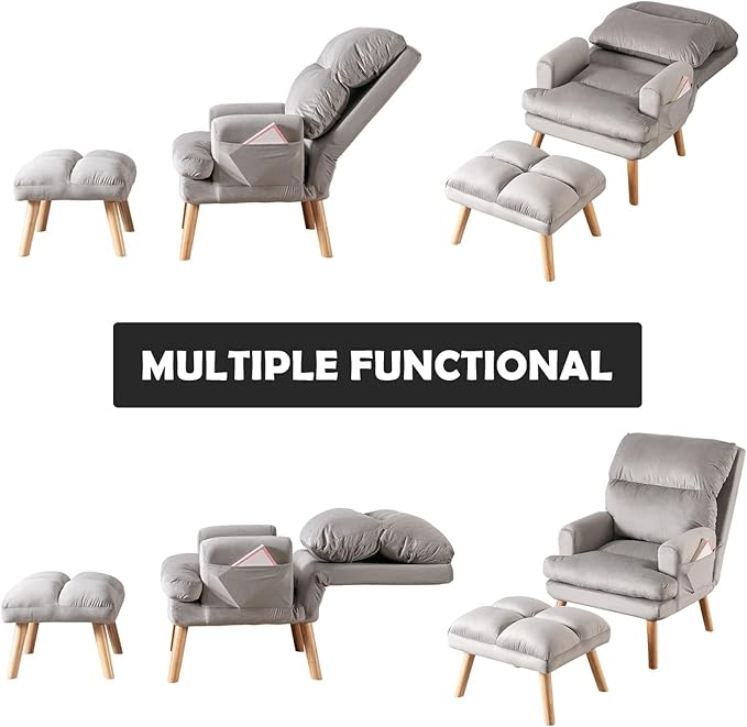 CANMOV Modern Accent Chair with Ottoman Set of 2, Soft Fabric Armchair with Adjustable Backrest and Side Pockets, Comfy Lounge Chair for Living Room, Bedroom, Apartment, Office, Grey