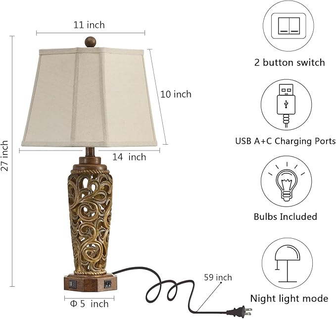 27" Set of 2 Farmhouse Table Lamps for Living Room Bedroom, Rustic Bedside Lamp with USB A+C Ports, Red Brown Resin Vintage Nightstand Lamps with Night Light, 2 Bulbs Include