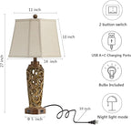 27" Set of 2 Farmhouse Table Lamps for Living Room Bedroom, Rustic Bedside Lamp with USB A+C Ports, Red Brown Resin Vintage Nightstand Lamps with Night Light, 2 Bulbs Include