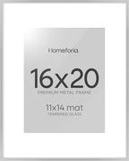 Homeforia 16 x 20 Picture Frame Silver, High End Metal 16 x 20 Frames with Mat 11 by 14 Photo, 16x20 Silver Poster Frame Matted to 11x14 Print, 20x16 Hanging Frames, Tempered Glass, Wall Kit, Set of 1