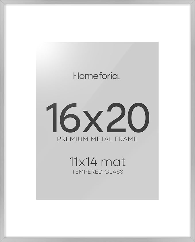 Homeforia 16 x 20 Picture Frame Silver, High End Metal 16 x 20 Frames with Mat 11 by 14 Photo, 16x20 Silver Poster Frame Matted to 11x14 Print, 20x16 Hanging Frames, Tempered Glass, Wall Kit, Set of 1