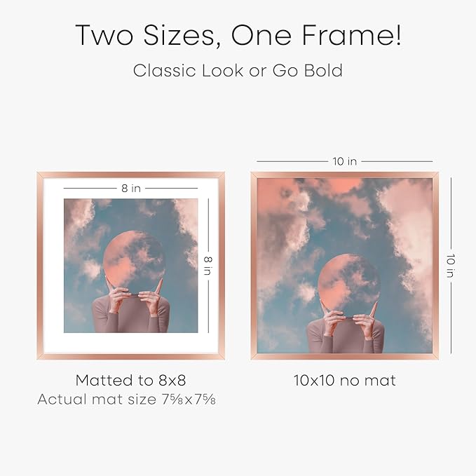 Homeforia 10x10 Picture Frame Rose Gold, High End Metal 10 by 10 Square Frames with Mat 8 x 8 Photo, 10by10 Poster Frame Matted to 8x8 Print, Wall or Tabletop Frame, Tempered Glass, Wall Kit, Set of 1