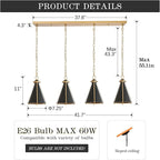 Black Gold Kitchen Island Light 4-Light Pendant Light Fixture Cone Shade 42" Rectangle Chandelier Light Fixture for Dining Room Bar Counter