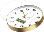 Wall Clock, 14" Large Dial Non-Ticking Silent Battery Operated Analog with LCD Display for Perpetual Calendar and F° Temperature, Ideal Modern Home, Bedroom, Office Decor (Gold)
