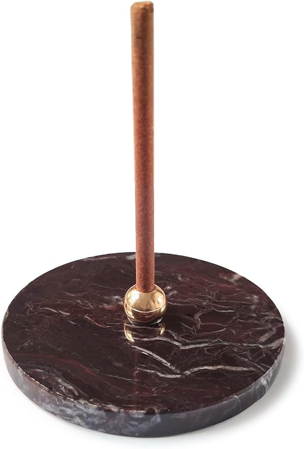 Golden Cherry Stick Incense Holder – Natural Cherry Marble Base with Brass Details, Elegant and Unique Aromatherapy Accessory for Home Decor