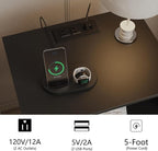 Rattan Nightstand with Charging Station,Farmhouse Bedside Table with 2 Storage Drawer and Open Wood Shelf, for Bedroom and Small Spaces,Night Stand with Solid Wood Legs (Black-Outlet)