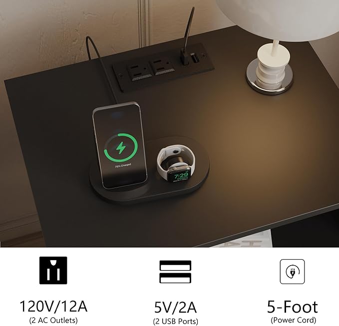 Rattan Nightstand with Charging Station,Farmhouse Bedside Table with 2 Storage Drawer and Open Wood Shelf, for Bedroom and Small Spaces,Night Stand with Solid Wood Legs (Black-Outlet)