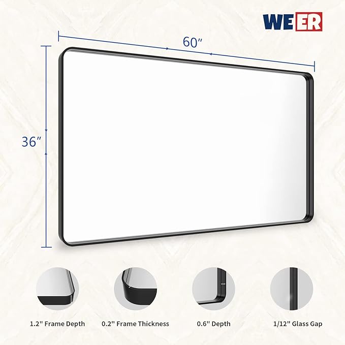 WEER Black Metal Framed Mirror, 60X36 Inch Rectangular Matte Black Wall Mirror for Bathroom, Rounded Corner Black Bathroom Vanity Mirror, Tempered Glass, Anti-Rust, Hangs Horizontal or Vertical