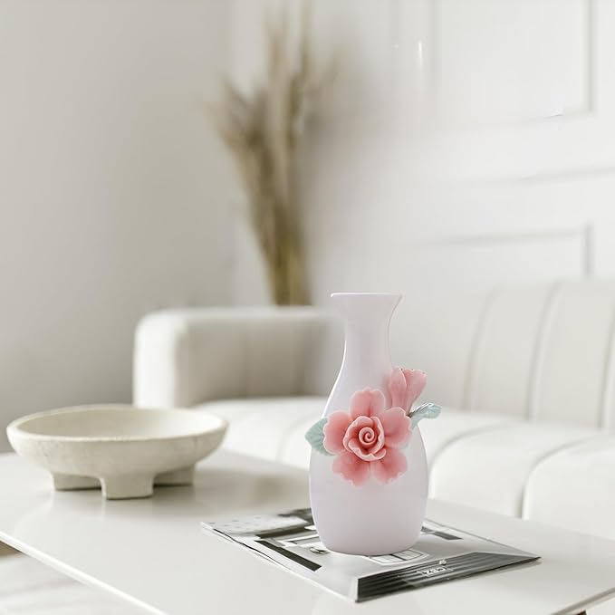 Handmade Ceramic Small vase Creative mini vase Home Decoration Ornament with 3D Floral Design (3D Flowers-peony1PCS)