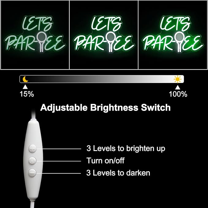 Let's Par Tee Neon Sign for Wall Decor - Green White LED Golf Ball Light - Dimmable Hanging Sign for Golf Club, Bedroom, Man Cave, Party