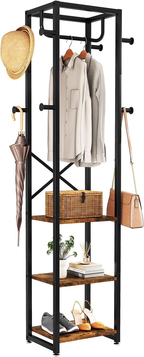 IBUYKE Coat Rack with Shelves, Freestanding Hall Tree with 3 Shelves and 8 Hooks, Industrial Clothes Stand for Entryway, Hallway, Bedroom, Rustic Brown UTMJ088H