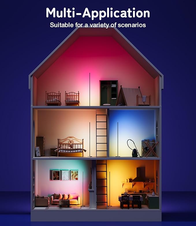 luckystyle Smart RGB Corner Floor Lamp,Bright LED Tall Modern Floor Lamp with APP and Remote,Ambient Lighting Color Changing Standing Lamps with Music Mode and Timing for Living Room,Bedroom,Party