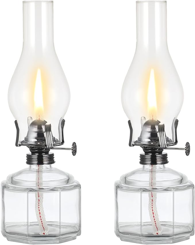 2 Pack Large Oil Lamp Vintage Glass Kerosene Lamp Antique Black Oil Lamps for Indoor Use Emergency Lighting Rustic Hurricane Lamp Clear Chamber Oil Lantern 12.5 Inch