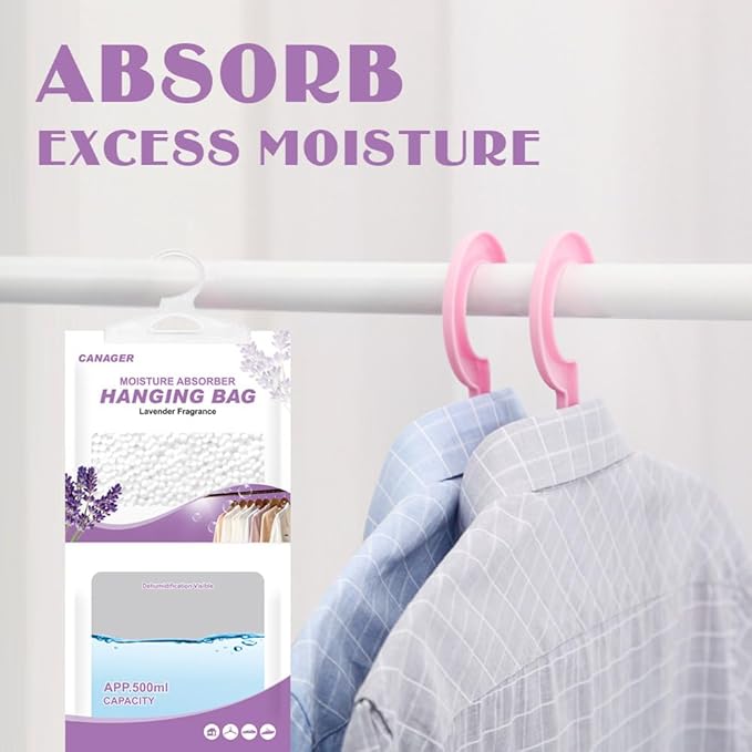 CANAGER Hanging Moisture Absorber, Lavender Vanilla Moistureproof Hanging Bag, Dehumidifier Bag (8 packs) Hanging Closet Dehumidifier Bags, Moisture Absorb 12.5 oz.