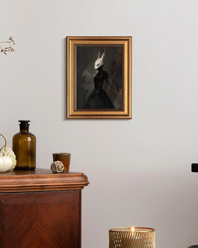 HUARCEY Gold Framed Vintage Wall Art Canvas Prints Gothic Room Decor Vintage Rabbit Lady Wall Decor, Aesthetic Dark Academia Halloween Pictures Oil Painting Goth Decorations 8x10in