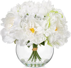 Fake Flowers in Vase White Peonies Artificial Flowers Real Touch Faux Flowers Large Peony Silk Flower Arrangements with Glass Vase with Faux Water for Home Decor Office Table Centerpiece Decorations