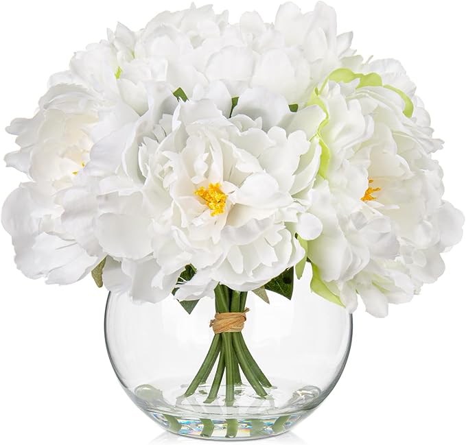 Fake Flowers in Vase White Peonies Artificial Flowers Real Touch Faux Flowers Large Peony Silk Flower Arrangements with Glass Vase with Faux Water for Home Decor Office Table Centerpiece Decorations