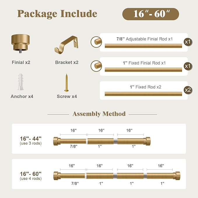Oneach Gold Curtain Rods for Windows 28 to 48 Inch, 1 Inch Pole Adjustable Length Heavy Duty Metal Curtain Rod Set, for Outdoor Bedroom Kitchen Living Room (16 to 60 Inch)