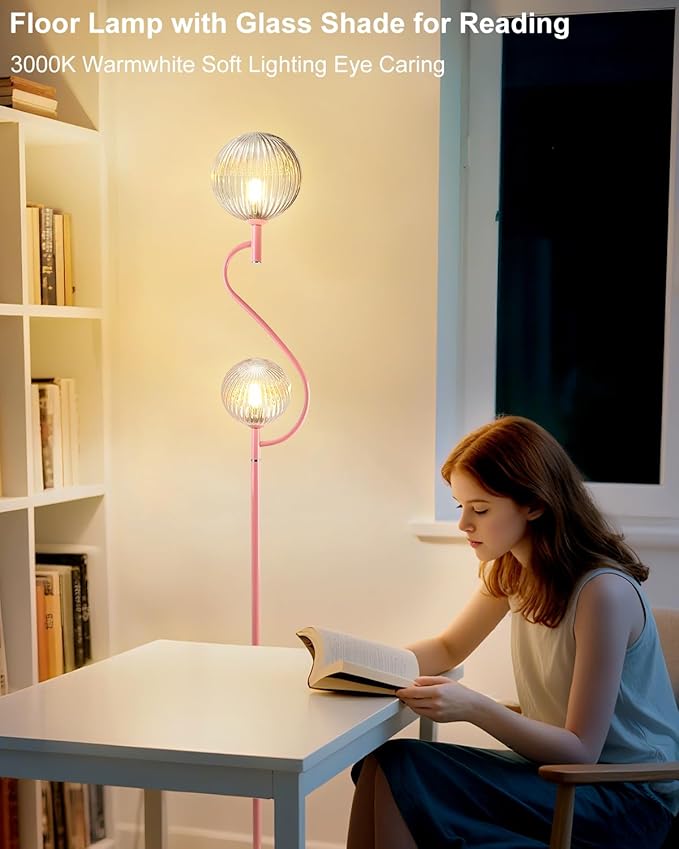 Lightdot Pink Floor Lamp, Mid Century Tall Standing Lamps with Globe Clear Glass Shade Soft Warm White Eye Care 3000K Bulbs Included, Modern Unique Floor Lamp for Living Room Bedroom