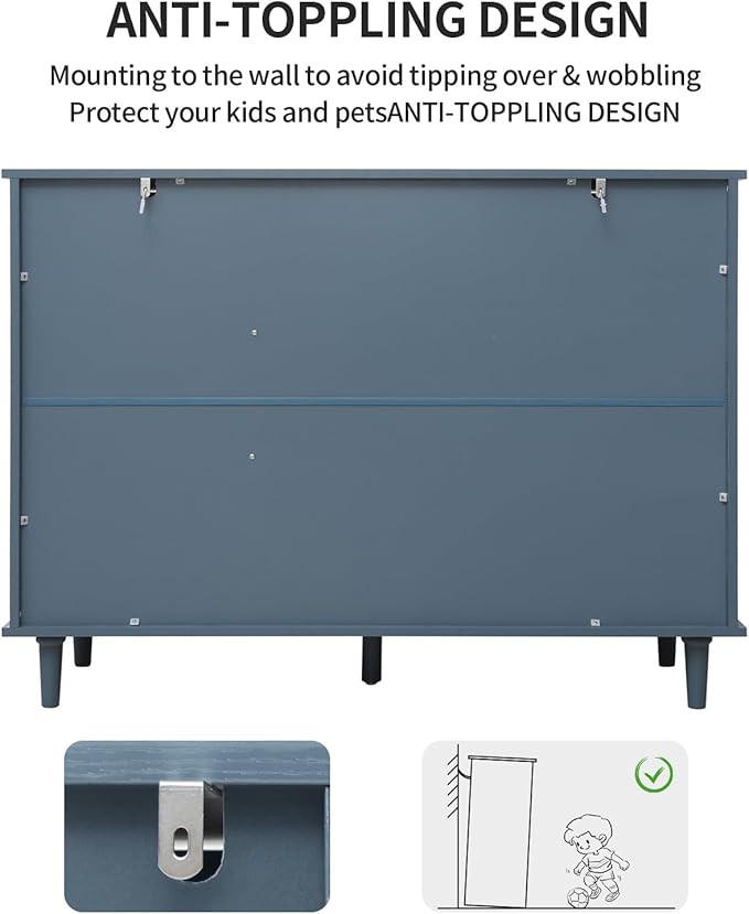 Sideboard Buffet Cabinet with Storage - Accent Storage Cabinet with Hollow Carved Pattern, Modern 3 Door 3 Drawer Farmhouse Wood Credenza for Living Room, Dining Room (Blue)