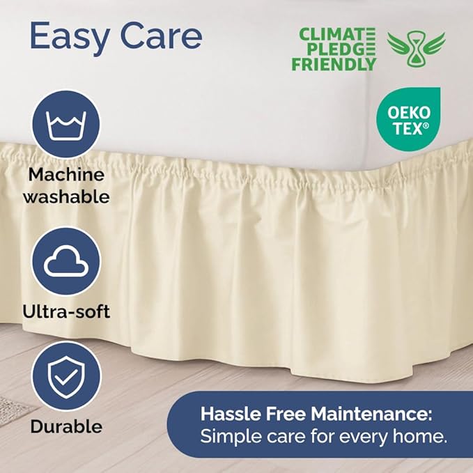 Wrap Around Dust Ruffle Bed Skirt - Off White - Twin/Twin XL Size Beds w/ 12 Inch Drop - Easy Fit Elastic Strap- Adjustable Pleated Bedskirt w/Brushed Fabric - Wrinkle Free - Women, Men, Kids & Teens
