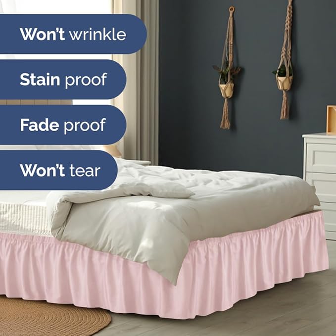 Wrap Around Dust Ruffle Bed Skirt - Lavender Pink - for King Size Beds w/ 12 Inch Drop - Easy Fit Elastic Strap - Adjustable Pleated Bedskirt w/Brushed Fabric - Wrinkle Free, Women, Men, Kids & Teens