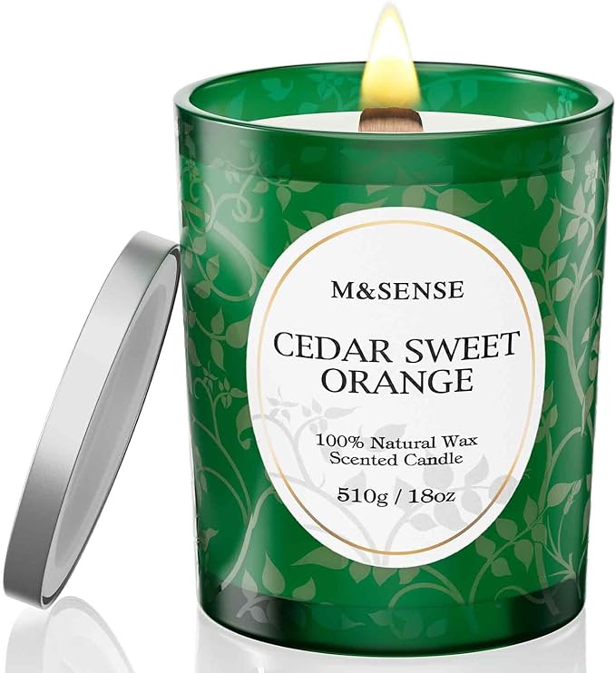 M&SENSE Cedarwood Orange Christmas Candle, Cracking Wooden Wick Soy Wax, 18oz 100 Hours Long Lasting Clean Burn, Large Fall Candles for Home Scented, Winter Holiday Aromatherapy Gifts for Women