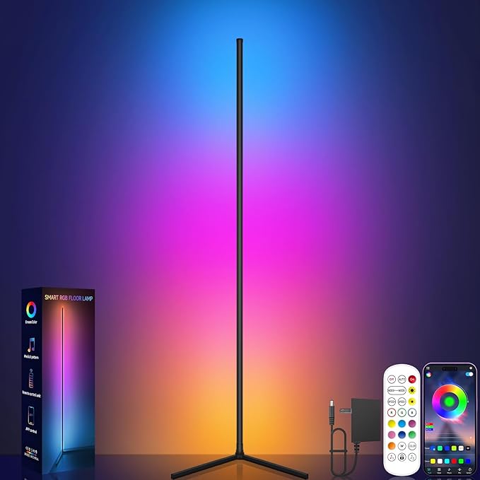 Corner Floor Lamp, RGB LED Corner Lamp with Music Sync, Smart App and Remote Control Color Changing Ambience Light, LED Lamp with 16 Million Colors for Bedroom, Living Room Gaming Room
