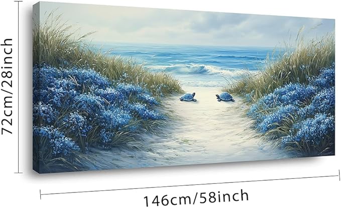 LASMOND Romantic Beach Wall Art for Living Room Blue Sea Turtle Lovers Canvas Painting Prints Ocean Sandy Romance Flowers Large Bedroom Office Decor Artwork (58x28 Inches)