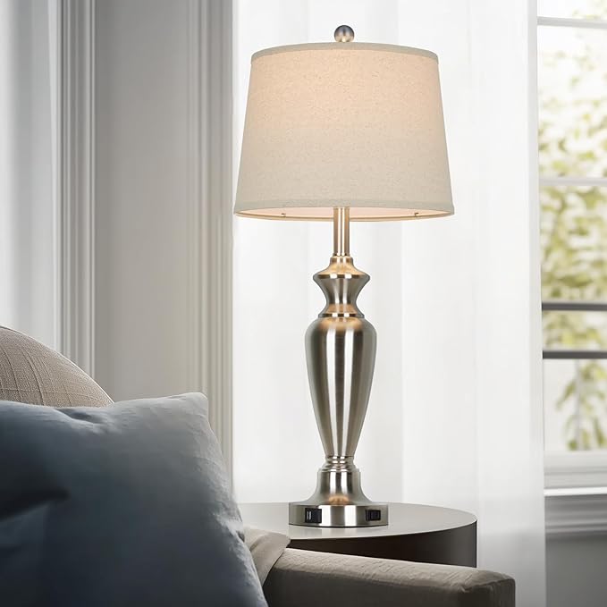 30" Tall Silver Table Lamps Set of 2 for Living Room, 3-Way Dimmable Touch Control Bedside Lamps for Bedroom Nightstand with USB A+C Ports & AC Outlet (2 LED Bulbs Included)