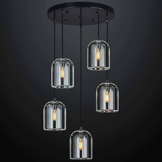 Modern Black Pendant Lights Kitchen Island Ceiling Chandelier Indoor Crystal Hanging Light Fixtures for Dining Room Kitchen Living Room Bedroom（5Light）