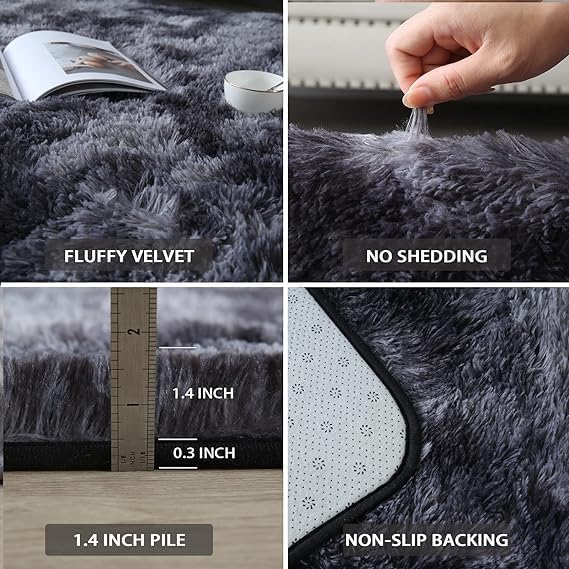 Fluffy Rug 8x10 for Living Room - Large Grey Plush Shag Area Rugs for Bedroom - Modern Non-Slip Soft Shaggy Floor Carpet for Home Dorm Kids Room (Black and Grey)