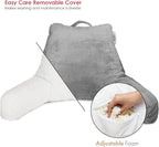 Nestl Reading Pillow Standard Bed Pillow, Back Pillow for Sitting in Bed Shredded Memory Foam Chair Pillow, Reading & Bed Rest Pillows Grey Back Pillow for Bed, Bed Chair Arm Pillow with Pockets