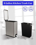 8 Gallon Slim Trash Can with Soft Close Lid, Stainless Steel Trash Can with Removal Inner Bucket, Hand -Free Trash Bin for Kitchen, Office, Laundry, Bathroom, 30 Liter Capacity, Grey