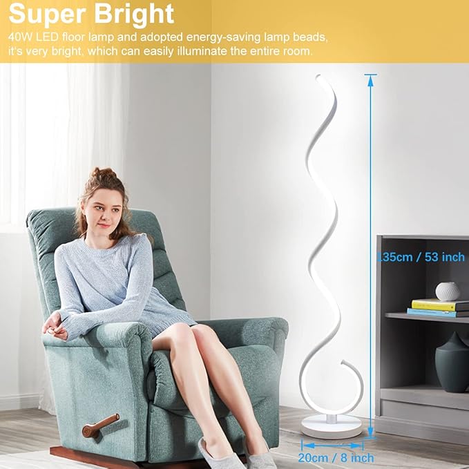 Spiral LED Floor Lamp, 40W Dimmable Floor Lamps for Living Room with Remote Control, Stepless Adjustable Colors & Brightness Standing Lamp Reading Corner Floor Lamp for Bedroom, Office -White