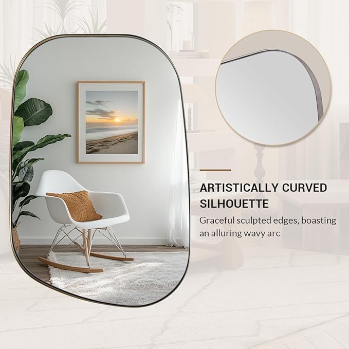 ANDY STAR Brushed Nickel Mirror, 24"x36" Silver Asymmetrical Wall Mirror for Bathroom, Unique Irregular Design with SUS304 Stainless Steel Metal Frame, Ideal for Bathroom, Bedroom, Entryway