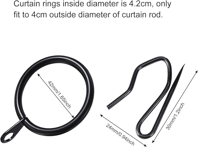 Hotop 60 Pieces 1.65 Inch Metal Drapery Curtain Rings Curtain Hanging Rings and 60 Pieces Metal Drapery Pin Hooks for Drapes Window Door Shower (Black)