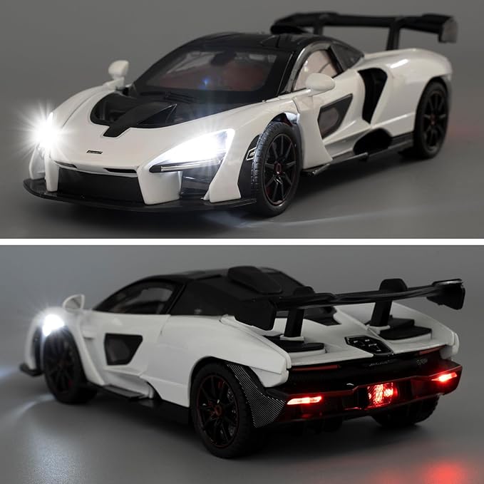 1:24 Scale Car Model Compatible for Collectible McLaren Senna Super Sports Car Toys, Zinc Alloy Pull Back Toy Vehicle with Sound and Light for Adult Boys Girls 3 4 5 6 7 8 (White)