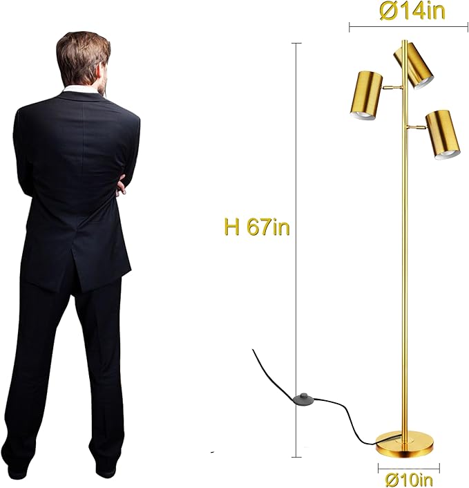 Tree Floor Lamp with 3 Light Bulbs,Gold Standing Tall Pole Lamp with 3 Adjustable Rotating Lights,Farmhouse Floor Lamp for Living Room Bedroom Office,Vintage Standing Lamp 9W E26 LED Bulbs Included