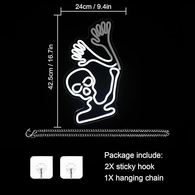 WLHOPE Skull Neon Signs - White LED Skeleton Skull Signs for Wall Decor, Halloween Decor, USB Waving Ghost Neon Light Up Signs for Bedroom, Kid's Room, Bar, Club, Shops, Party Decoration