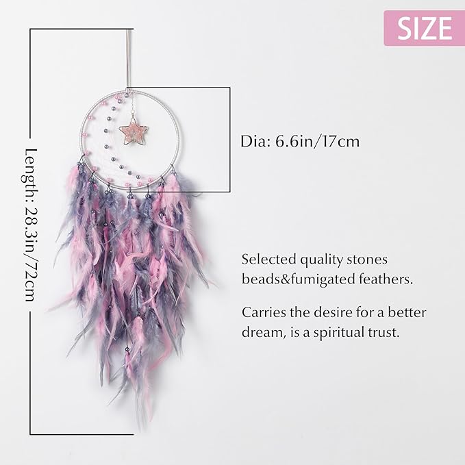 Dreamlike Moon Dream Catchers Wall Decor Crescent Dream Catcher with Crystal Stone Star Shaped Tree of Life Pendant Handmade Pink Feather Dreamcatchers Wall Hanging for Girls Bedroom Wedding Gift