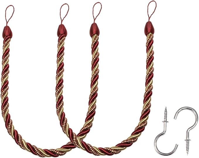 BEL AVENIR Curtain Ropes Tiebacks Tie-Backs, Curtain Handmade Holdbacks with 2 Metal Screw Hooks (MIX red, 2pack)